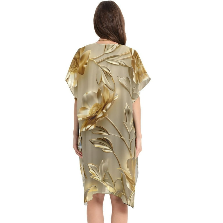 Gold Flowers and Leaves Women Swimsuit Cover up V Neck Beach Dress Short  Sleeve Vacation Outfits Swimwear - Walmart.com