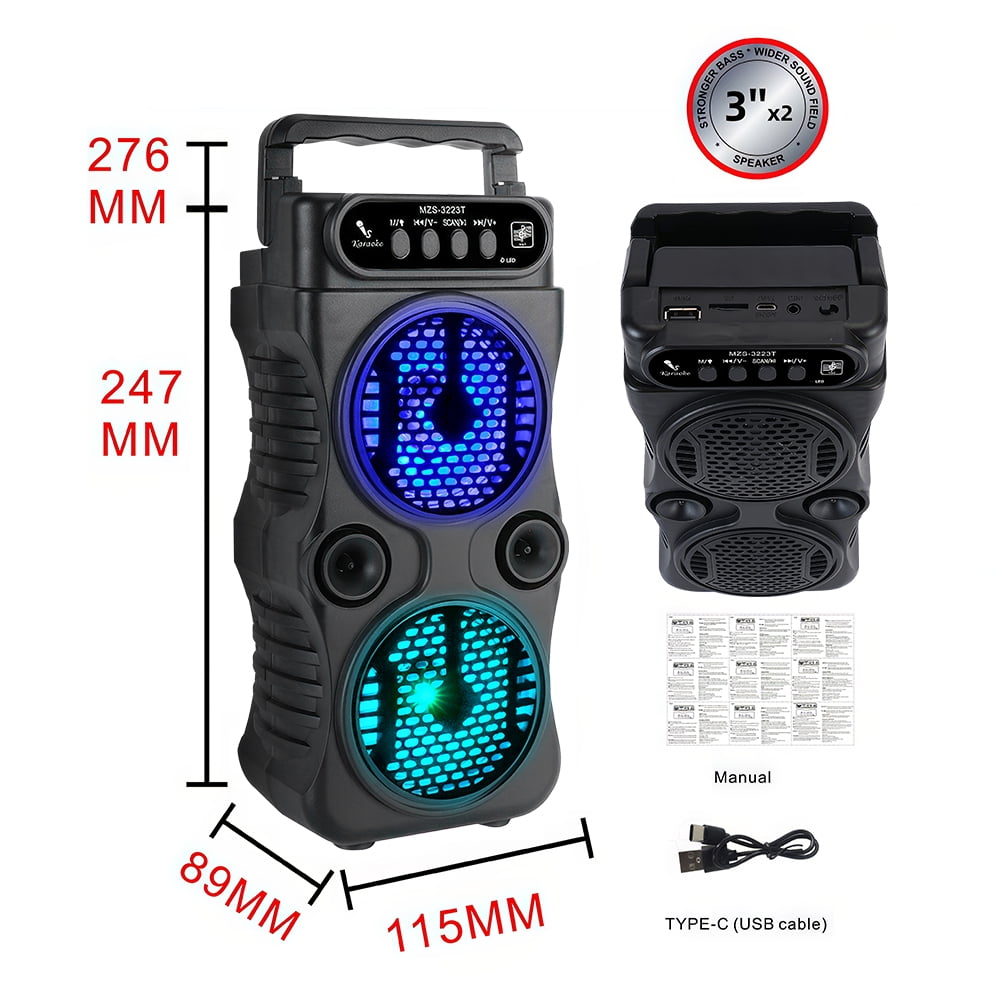 Portable Dual-Driver Bluetooth Party Speaker - 3 Inches 2x3W Stereo, RGB Music Lights, TWS, Mic/USB/TF/FM Inputs, Durable ABS, for Outdoor Dancing Party/Family Karaoke/Gatherings