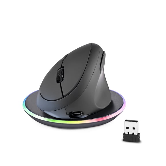 Perixx PERIMICE-719RX Wireless 2.4G Rechargeable Ergonomic Mouse - Duo Wired and Wireless Charging Feature - Wireless Charger Included - Black