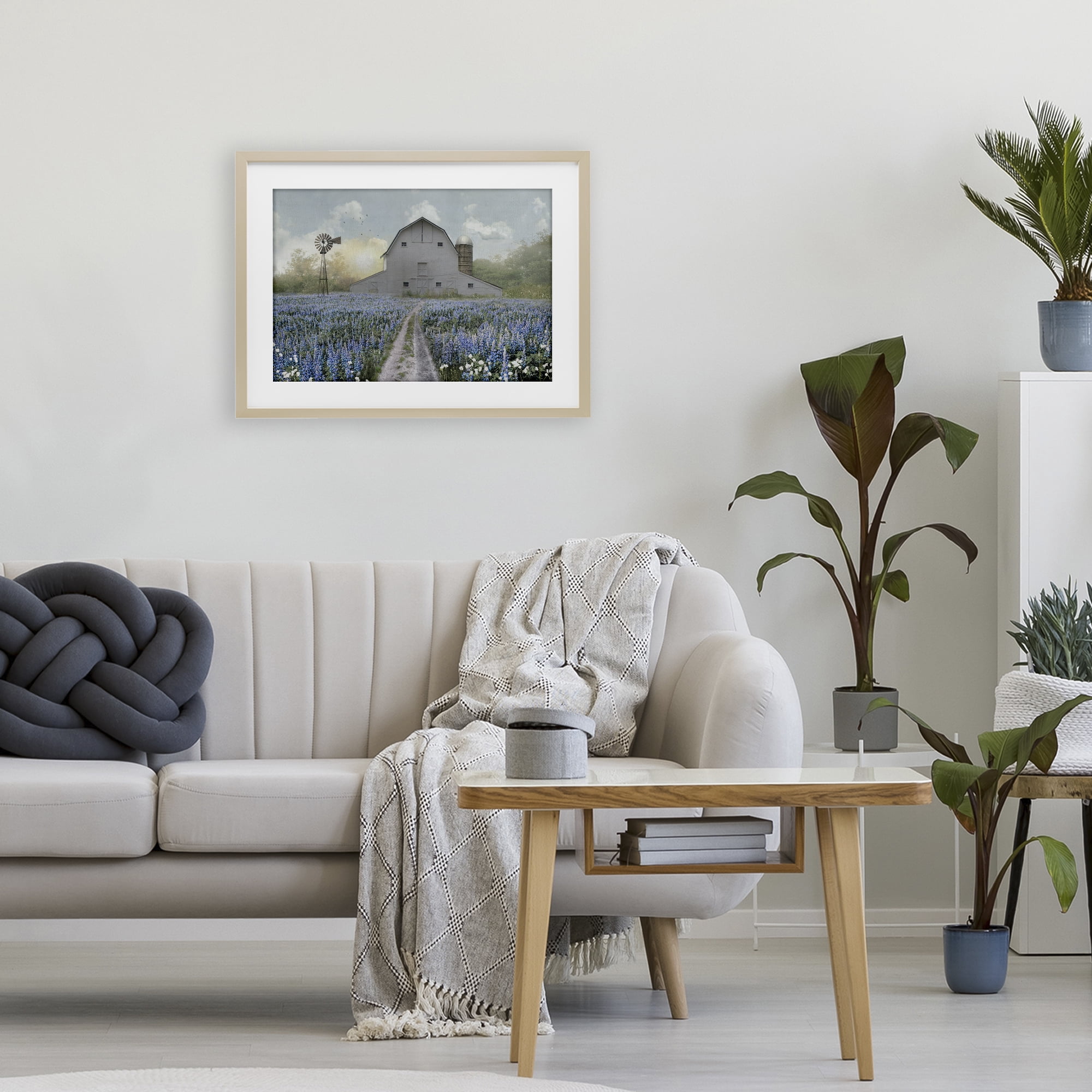 Stupell Industries Meadow of Blue Flowers & Barn Birch Framed Print Under Glass, design by Nan