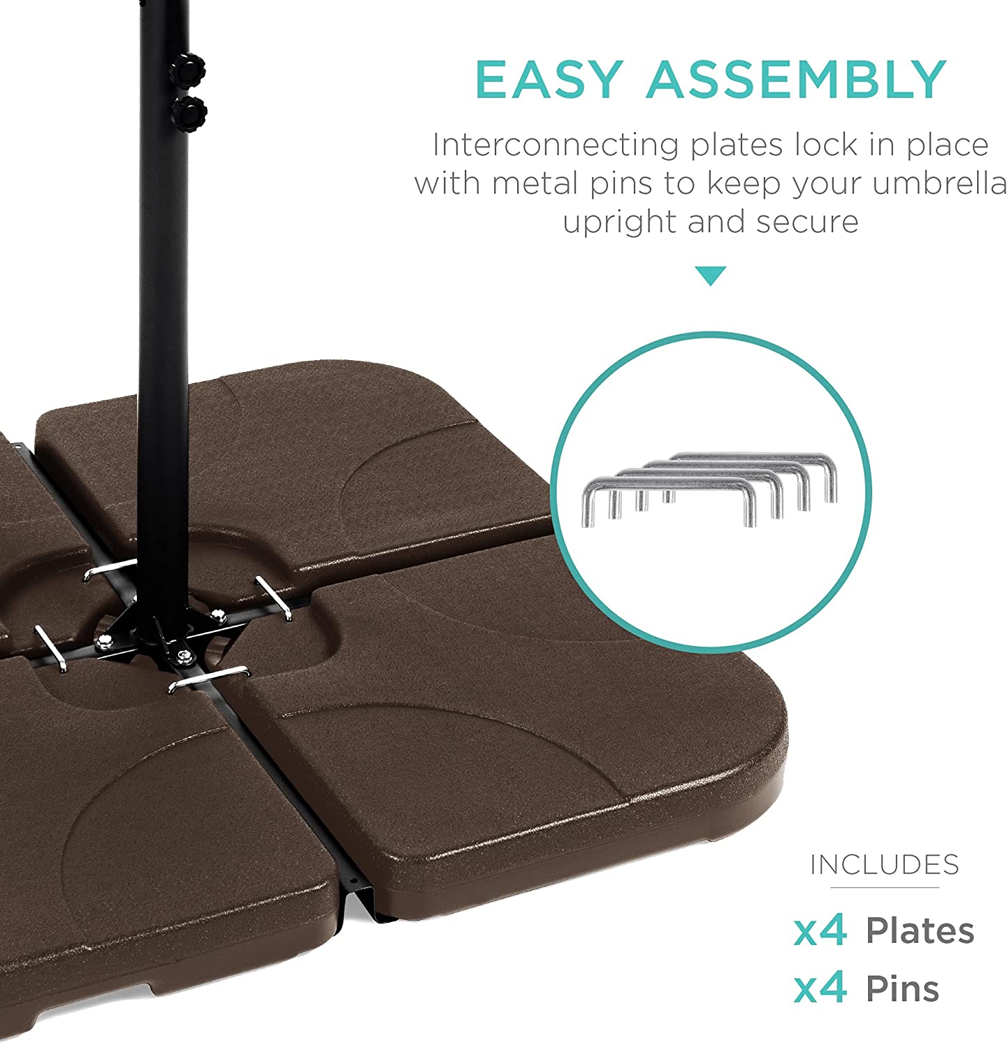 NIUMU  4-Piece 155lb Capacity Heavy-Duty Cantilever Offset Patio Umbrella Stand Square Base Plate Set w/Easy-Fill Spouts for Water or Sand - Brown