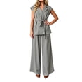 thumbnail image 3 of Naotn Womens Summer 2 Piece Outfits Casual Blazer Collar Short Sleeve Lace Up Shirt and Wide Leg Pants Sets Dressy Business Matching Suit Sets, 3 of 6