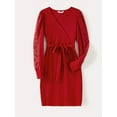 thumbnail image 1 of Family Matching Red Lace Long-sleeve Spliced Rib Knit Belted Dresses And Sets, 1 of 8