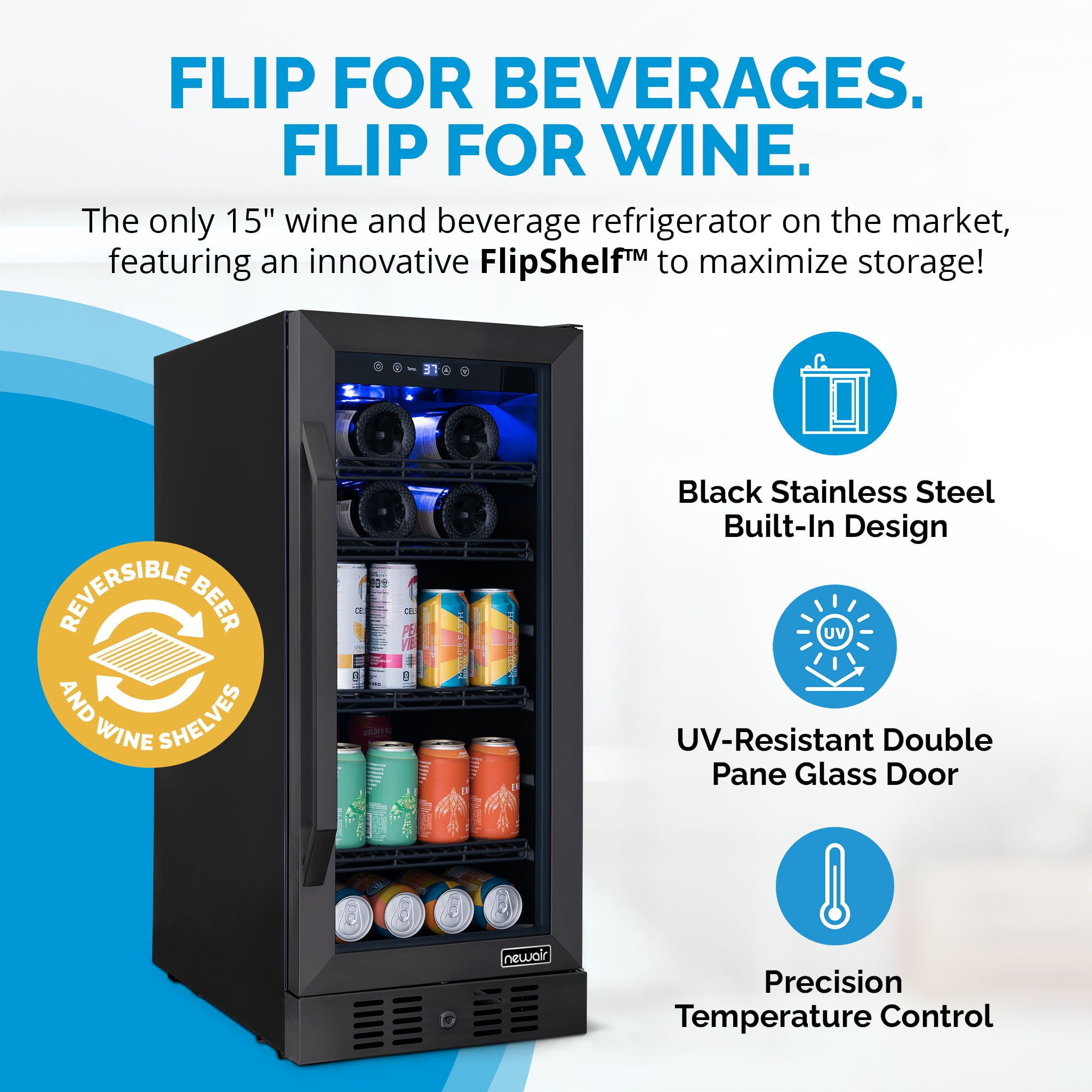 Newair 15" Wine & Beverage Refrigerator, Hold 80 Cans or 33 Bottles, Black
