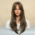 thumbnail image 3 of Long Wig Human Hair with Bangs and Wig Cap Glueless Straight Curly Natural Layered Synthetic Wigs 25 Inch, 3 of 5