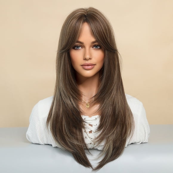 Long Wig Human Hair with Bangs and Wig Cap Glueless Straight Curly Natural Layered Synthetic Wigs 25 Inch