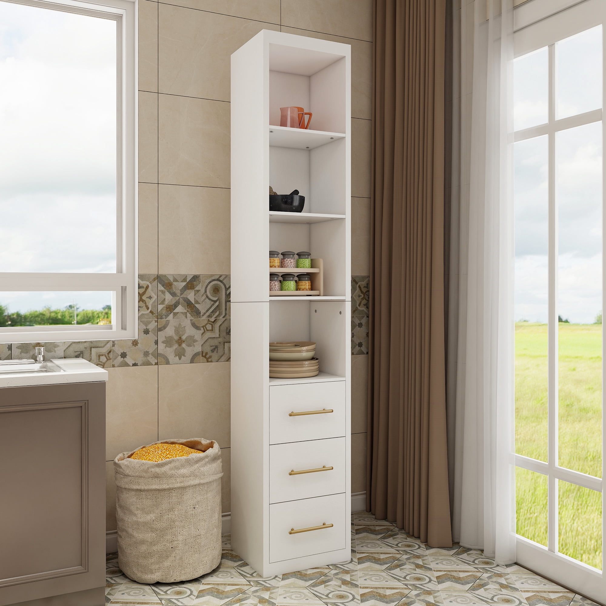 Side Storage Cabinet With Three Drawers for Bedroom, Living Room, Bathroom, 15.75x85.04inch