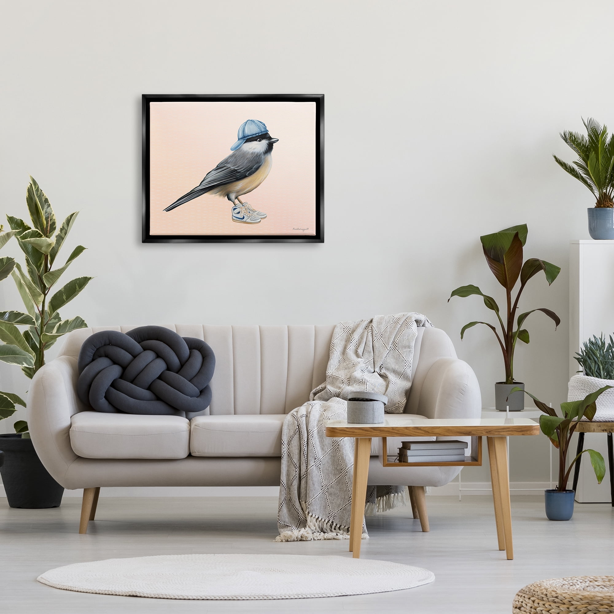 Stupell Industries Hip Chickadee Bird Backwards Hat Trendy Sneakers Graphic Art Jet Black Floating Framed Canvas Print Wall Art, Design by Amelie Legault