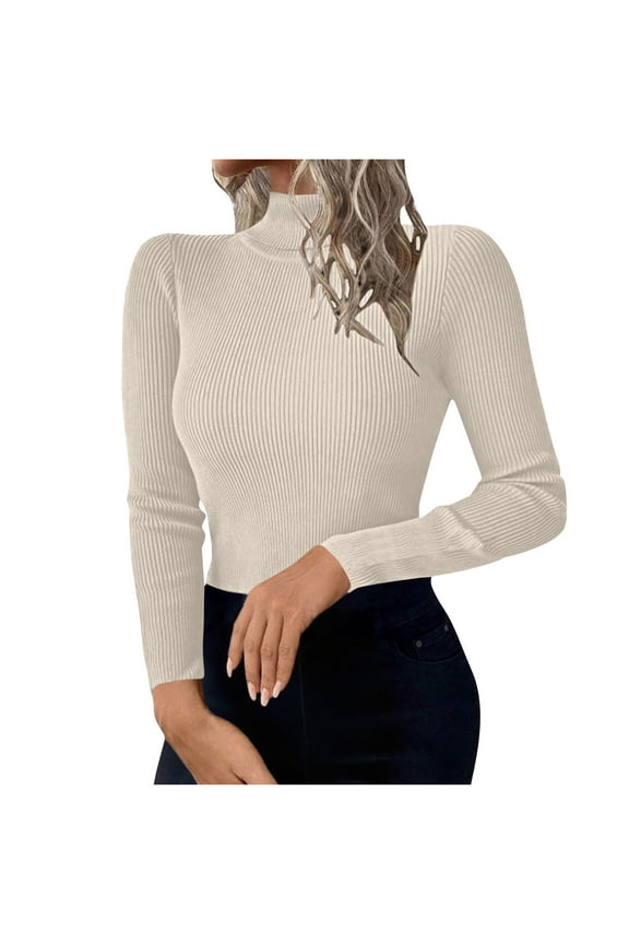 Women's Turtleneck Ribbed Shirts Thermal Undershirts Tee Long Sleeve Slim Fit Sweaters Beige 2XL
