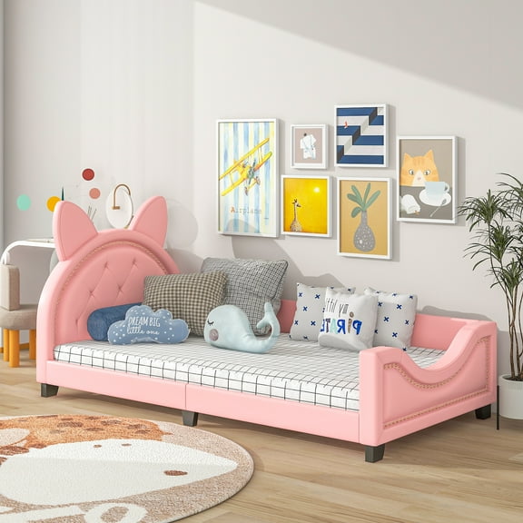 Euroco Bunny Shaped Twin Size Upholstered Daybed with Headboard for Kids Teens, Pink