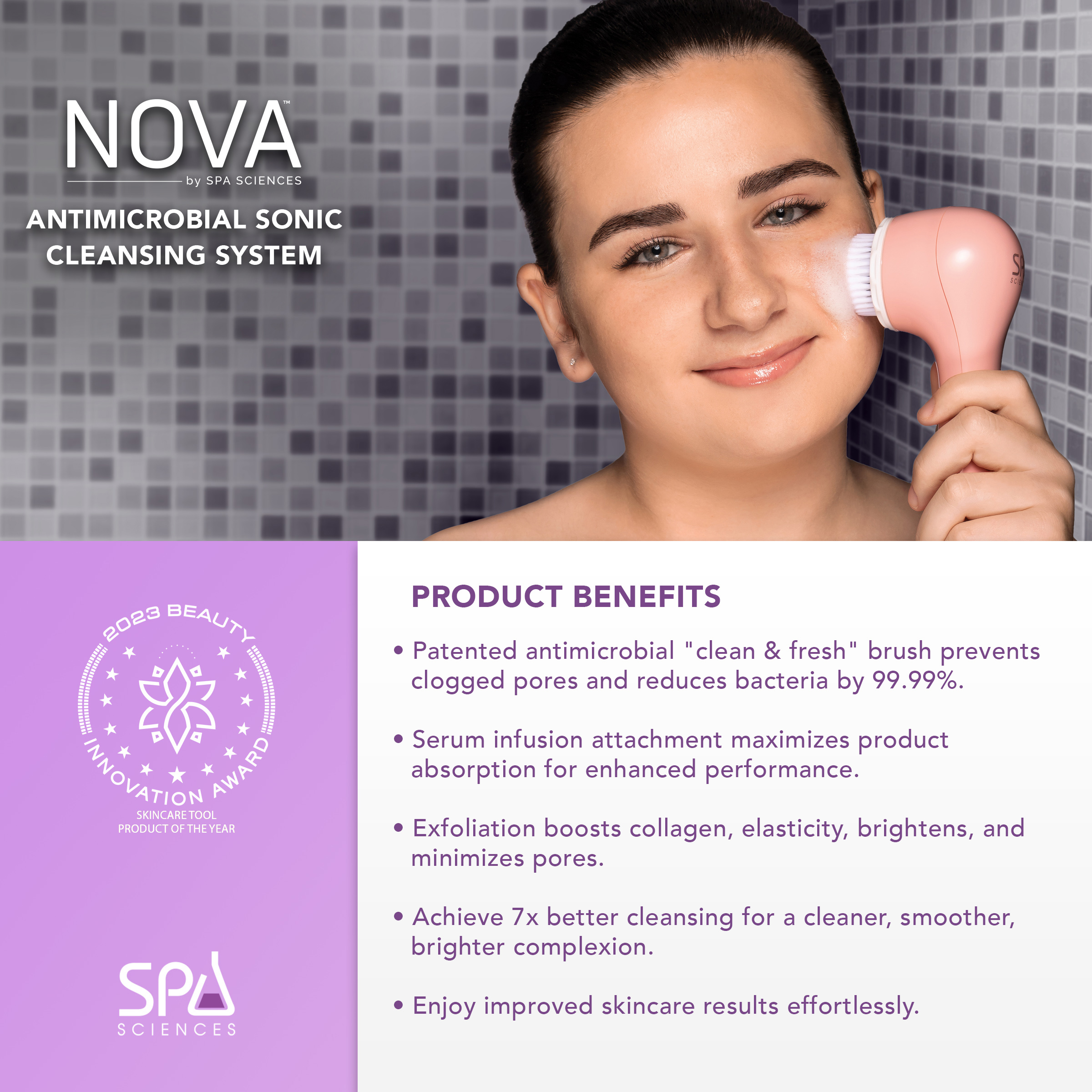 Spa Sciences NOVA - Sonic Facial Cleansing and Exfoliating Device with Antimicrobial Brush Bristles & Serum Infuser, Pink - image 4 of 13