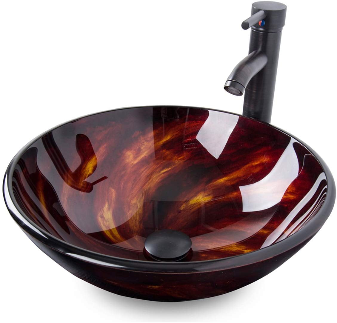 Elecwish Tempered Glass Vessel Bathroom Vanity Sink Round Washing Bowl Oil Rubbed Bronze 7998