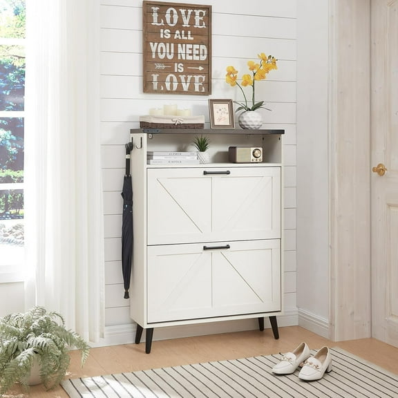 Shoe Storage Cabinet,Farmhouse Shoe Organizer with 2 Flip Drawers & Barn Door Design,Freestanding Hidden Slim Narrow Shoe Rack Cabinet with Open Storage for Entryway, Foyer,Antique White