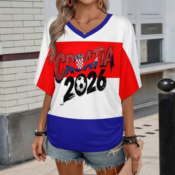 Women's Football Graphic T-Shirt, Soccer Fans V-Neck Short Sleeve T-Shirt with Print, Soft Lightweight Soccer Apparel Shows Player Number for Soccer Tournament 2026 Royal Blue Size: XL