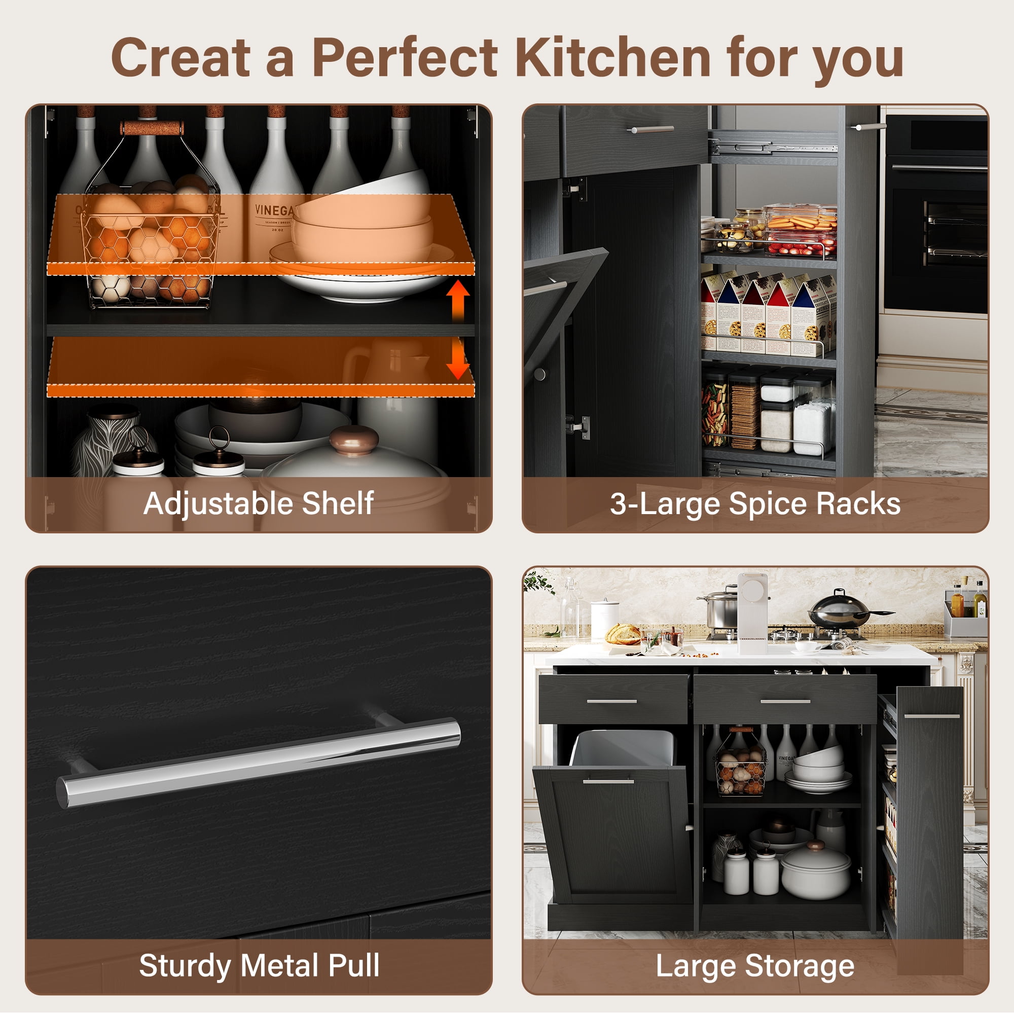4 EVER WINNER Rolling Kitchen Island Cart with Storage, Mobile Kitchen Island on Wheels with Trash Can Storage, Spice Rack & Towel Rack, Multi-Functional Kitchen Island Table for Organization, Black