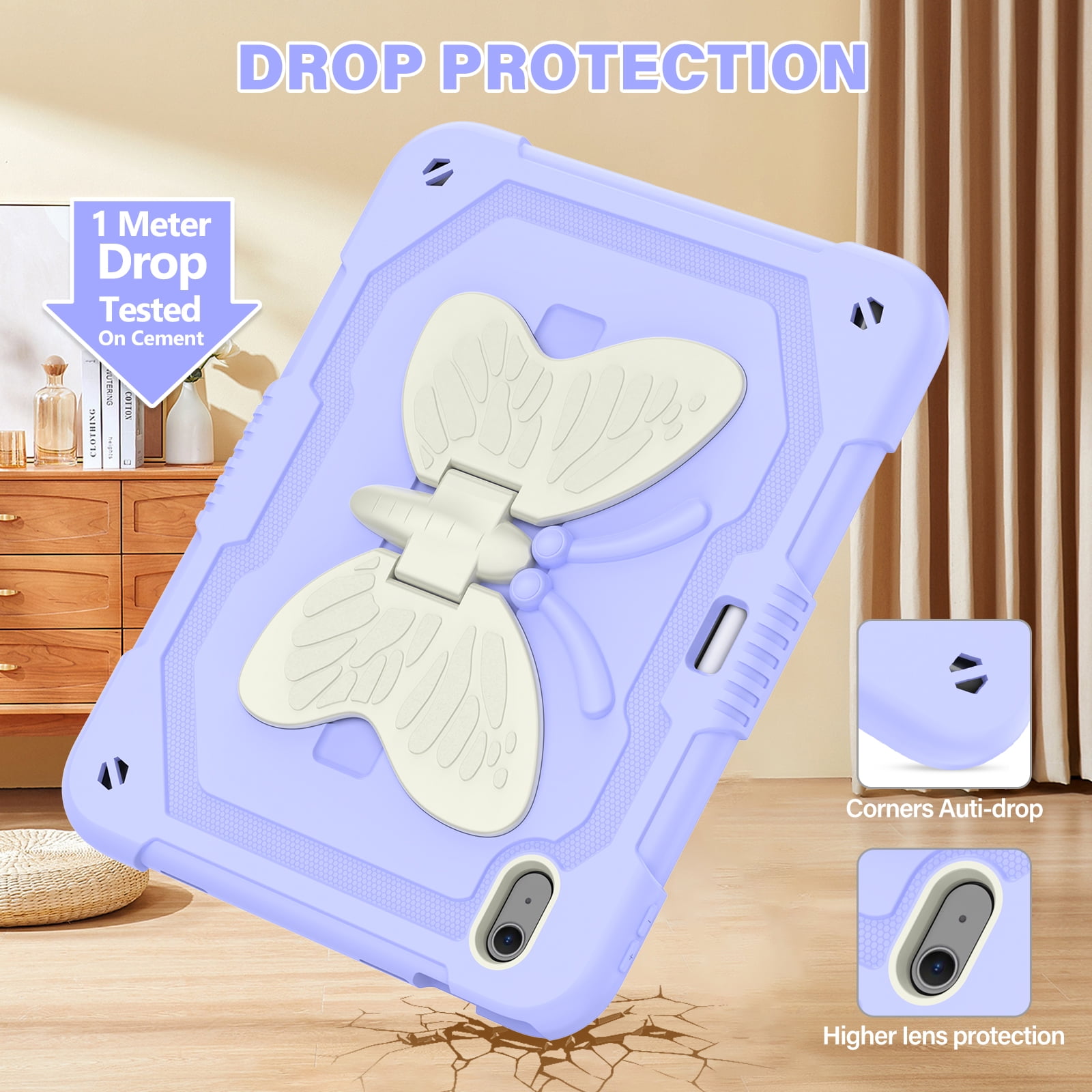 For iPad Air 11 M4 M3 M2 2026 2025 2024 Case, Cute Butterfly Design Heavy Duty Shockproof Shoulder Strap Pencil Holder Kickstand Bumper Kids Friendly Rugged Case for Apple iPad Air 11", Purple+Beige