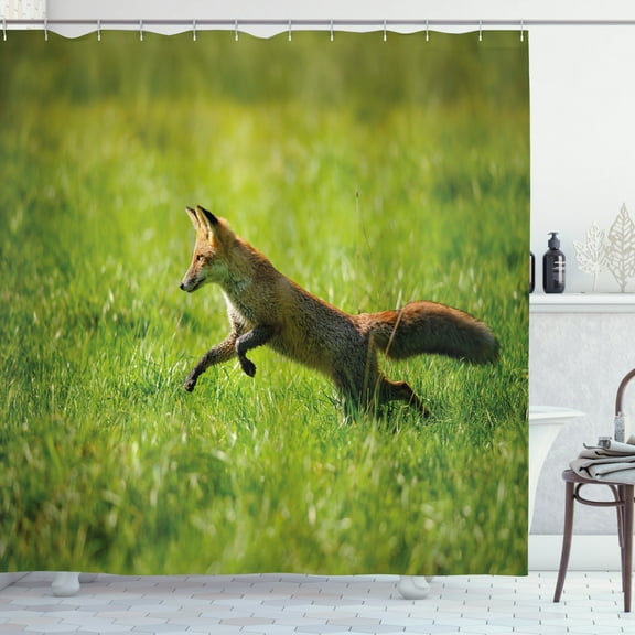 Ambesonne Fox Shower Curtain, Jumping Animal Fresh Grass, 69"Wx70"L, Green Brown