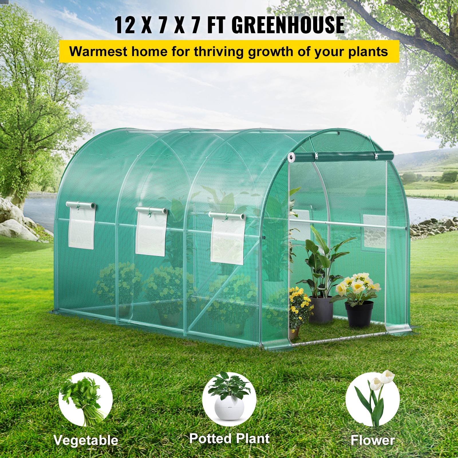 KFFKFF 12 x 7 x 7 ft Walk-in Tunnel Greenhouse, Portable Plant Shelter with Galvanized Steel Hoops, Top Beam, Diagonal Poles, Zippered Door & Roll-up Windows, Green