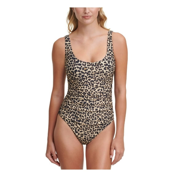 DKNY Women's Black Animal Print Stretch Removable cups Lined Full Coverage Mesh Scoop Neck One Piece Swimsuit 14