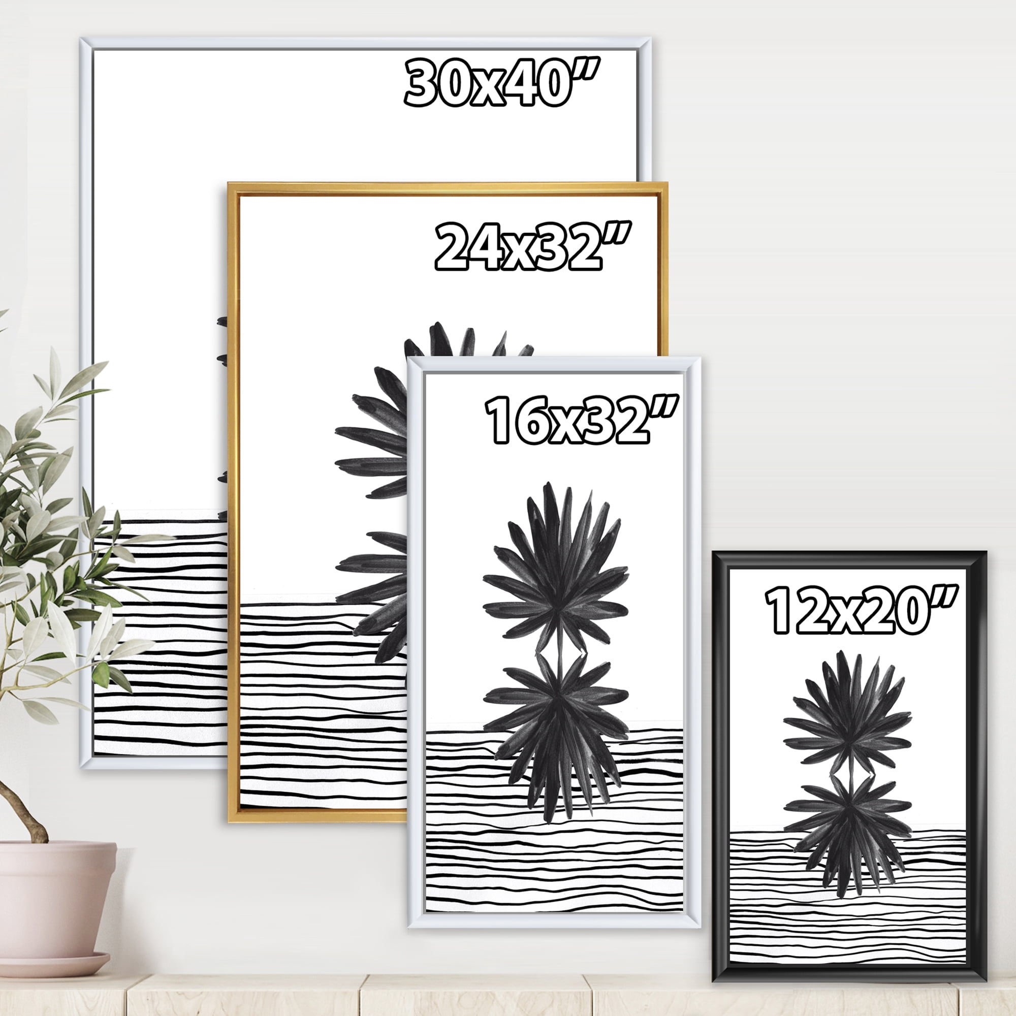 Designart 'Black and White Striped Under Tropical Leaf II' Modern Framed Canvas Wall Art Print