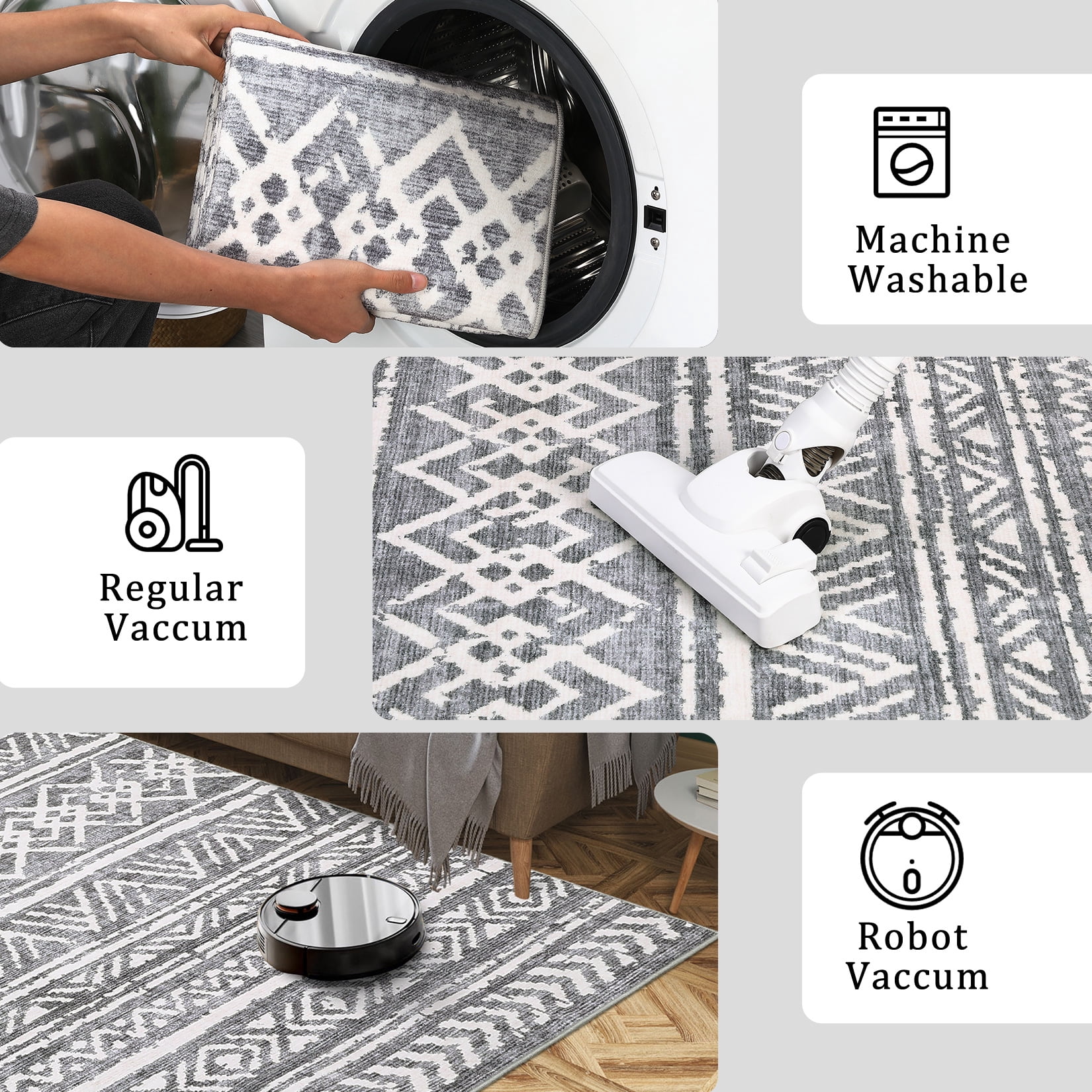 HOMERRY Indoor Washable 4' x 6' Area Rug Distressed Boho Carpet for Living Room, Gray