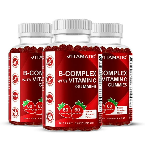 Vitamatic Vitamin B Complex Gummies with Vitamin C & Inositol - Natural Strawberry Flavor - 60 Gummies (3 Bottles)