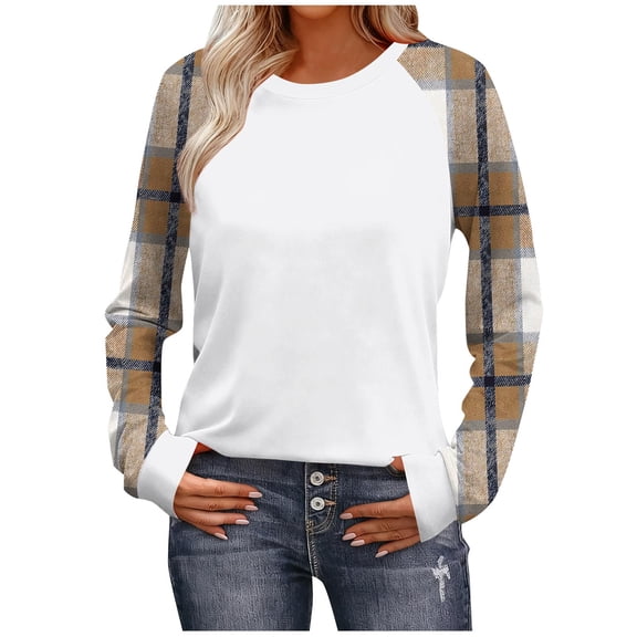 Women's Lightweight Long Sleeve Round Neck Checkered T-Shirt Blouse Comfy Casual Cute Trendy Outfits Daily Wear Streetwear | CSEONE,Khaki L