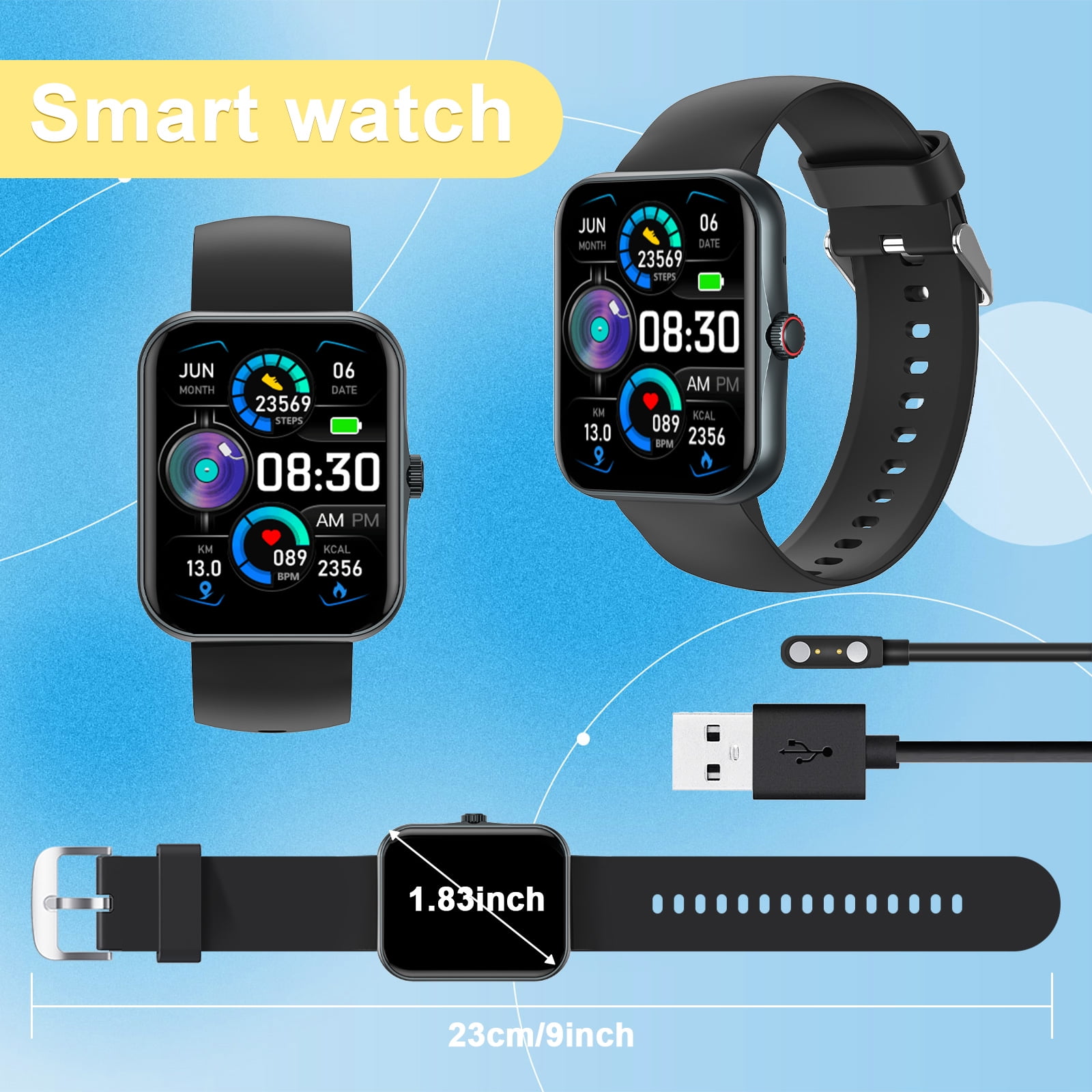 PTHTECHUS 1.83'' Smart Watch for Kids Sport Smartwatch with 37 Sports Modes DIY Watch Touchscreen Phone Calls Music Calculator Excellent Gift for Teenage(Black)