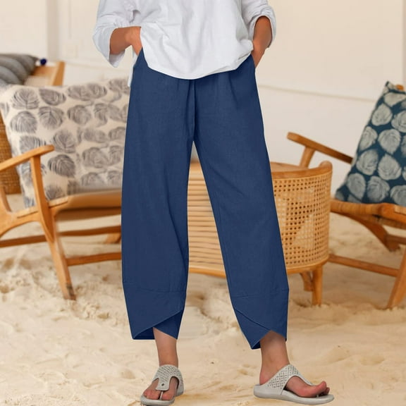 BinBiL Women Casual Solid Pants Comfortable Elastic High Waist Casual Beach Pants Navy XL(XL)