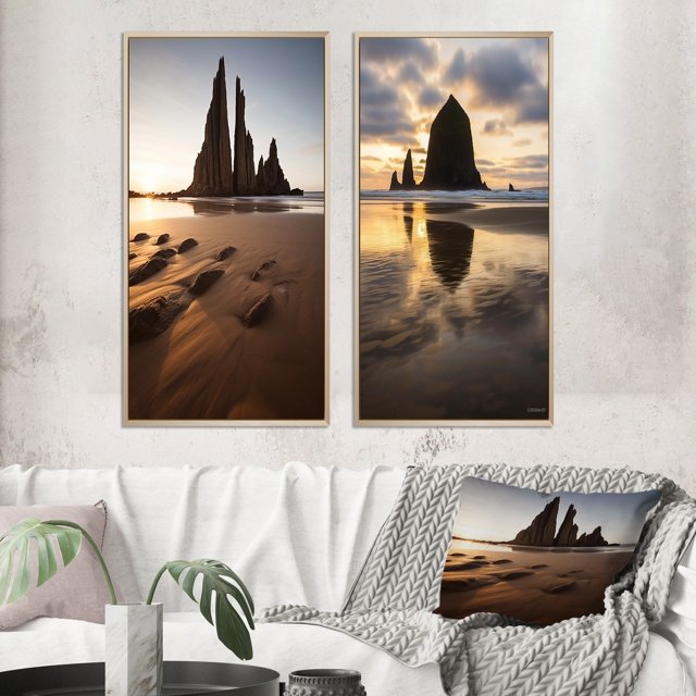 Designart "Time-Worn Rocks Sculpted by Sunset I" Beach & Ocean Framed Wall Art Set Of 2 - Coastal Brown Frame Gallery Set For Office Decor