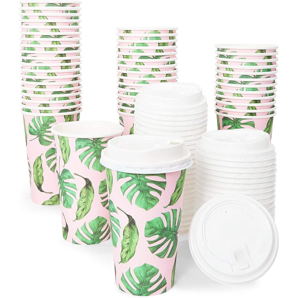 48 Pack 16 oz. Disposable Tropical Palm Leaves Paper Coffee Cups with