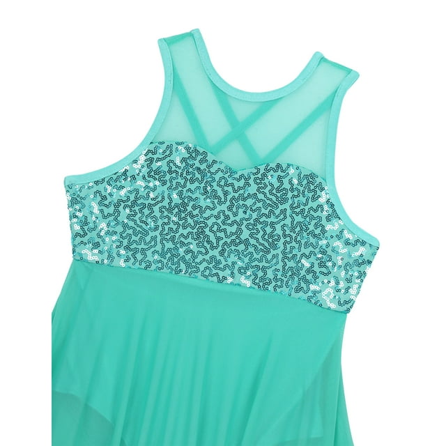 Mufeng Robe Sans Manches à Sequins pour Filles, Justaucorps de Ballet Lyrique, Robe de Danse Moderne, Vert Menthe 6