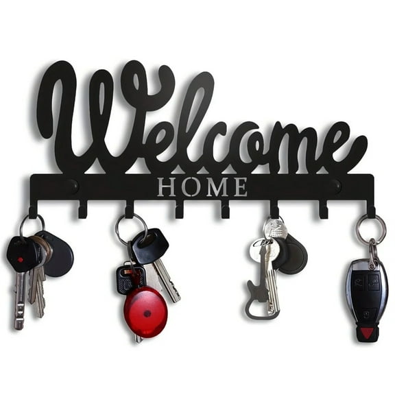 10.04×4.72 Inches Key Holder Wall Hanging Black Metal Keys Holder Wall Mounted Welcome Design Style Key Rack for Key Hanger 8 Hooks Wall Decora
