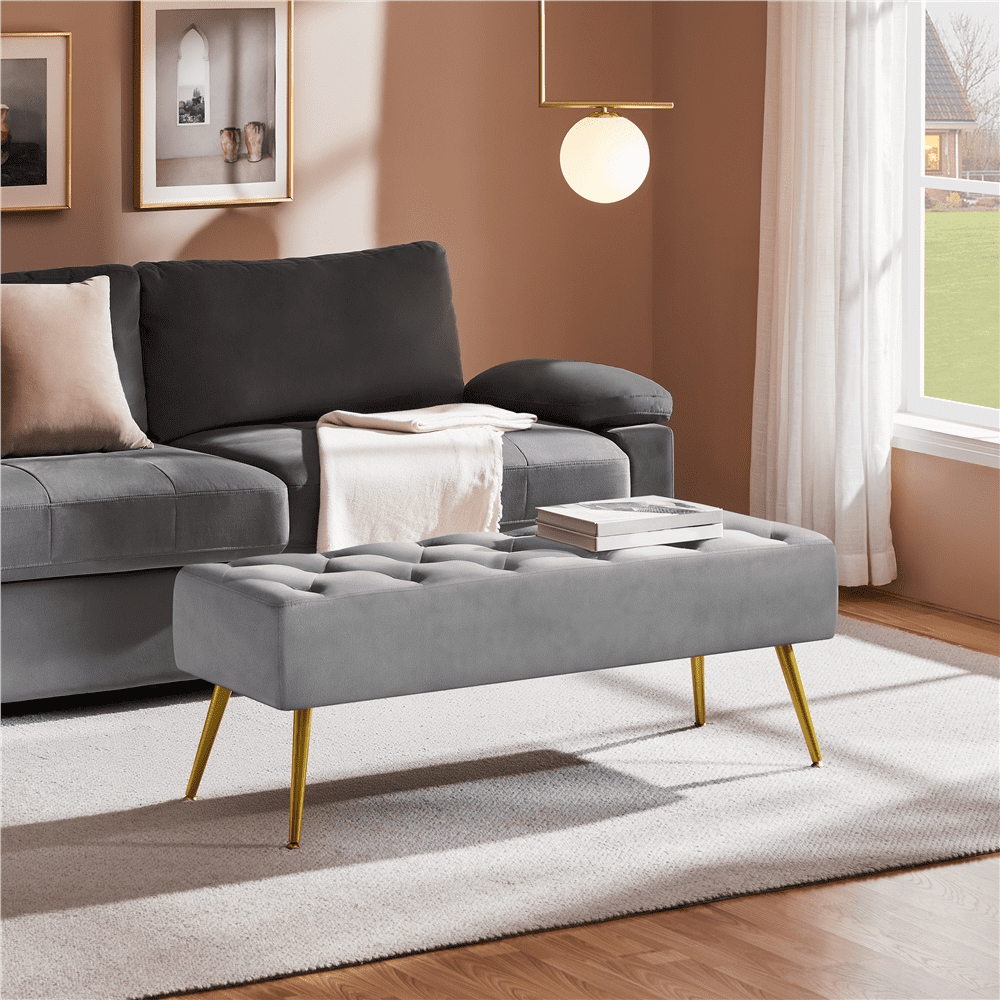 Yaheetech Velvet Upholstered Button Tufted Footstool Bench for Bedroom, Gray