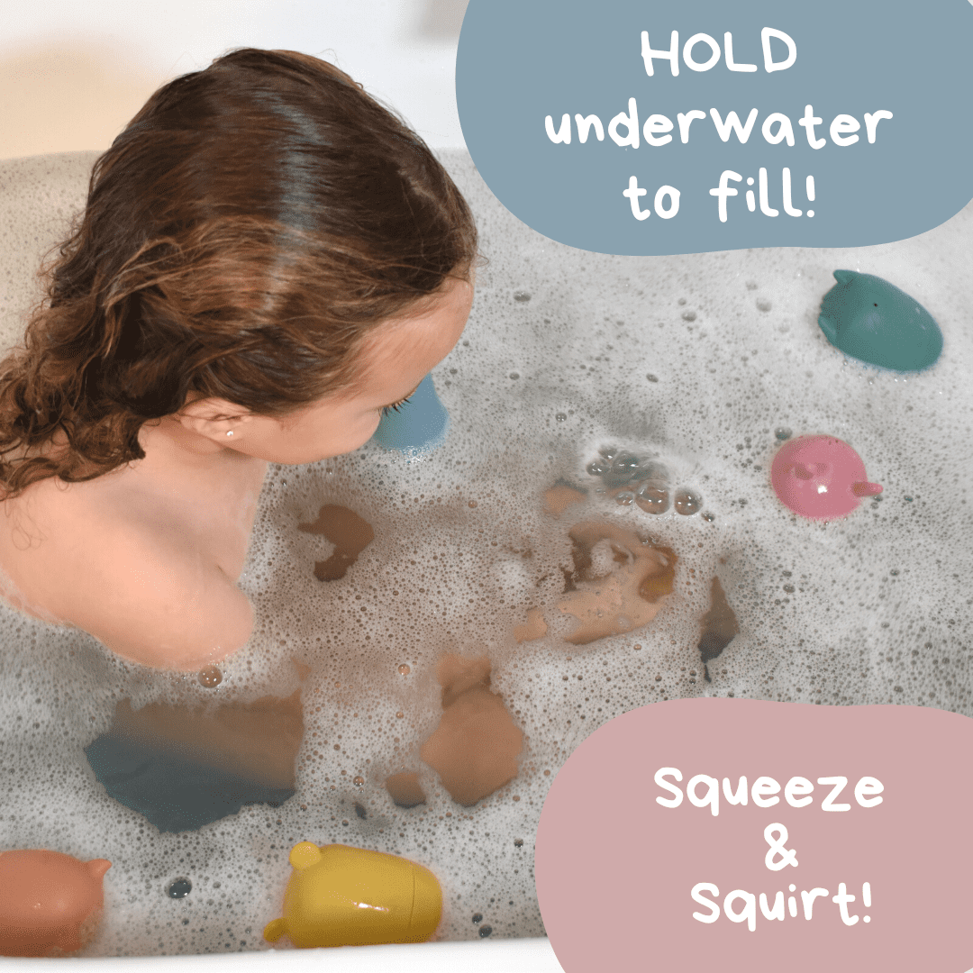 BrushinBella Silicone Bath Toys 4-Pack - Cleanable Silicone Montessori Toys - Baby Bath Toys - Bath Toys Dishwasher-Safe - Toddler Tub Toys - Baby Bath Essentials