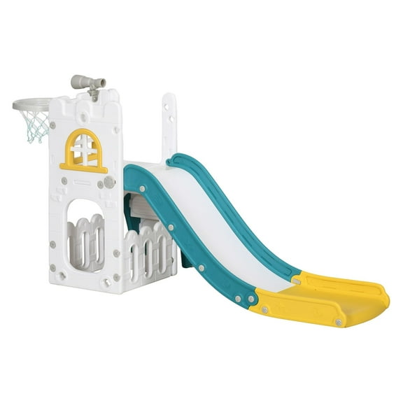 4-in-1 Toddler Slide, Yellow, for Ages 1-3, with Basketball Hoop, Climber, Telescope, Storage Baskets