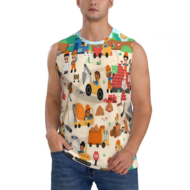 Fotbe construction road work landscape Men's Camiseta sin Mangas Estampada para Hombres, Playera Casual para Gimnasio, Entrenamiento, Playa-3X-Large