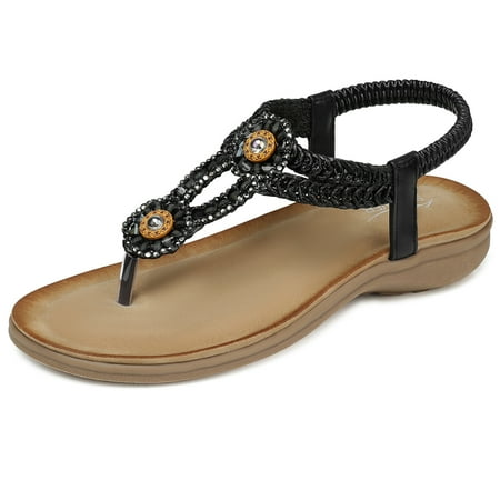 

SHIBEVER Women s Sandals Bohemian Sandals for Women Dressy Summer Flat T-Strap Elastic Braided Ankle Strap Shoes Sandals