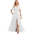 thumbnail image 1 of Vestido de dama de honor Deamify, cuello en V, mangas onduladas, gasa blanca, 1 of 7