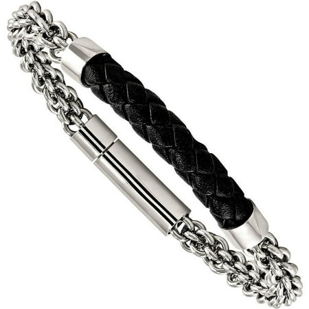 Primal Steel Stainless Steel Polished with Braided Leather Bracelet, 8.75
