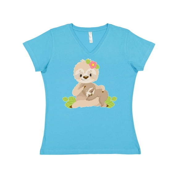Inktastic Sloth Mom with Baby Sloth and Flowers Women's V-Neck T-Shirt