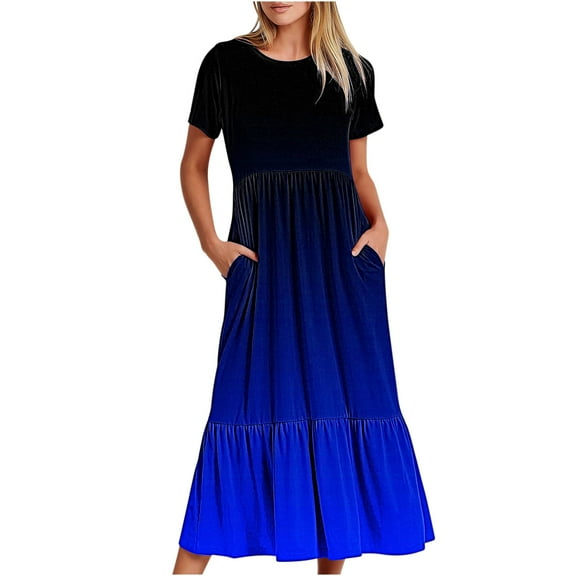 Women Casual Flowy Tiered Long Maxi Dresses Gradient Print Loose Summer Dress Short Sleeve Crewneck Beach Dresses with Pockets