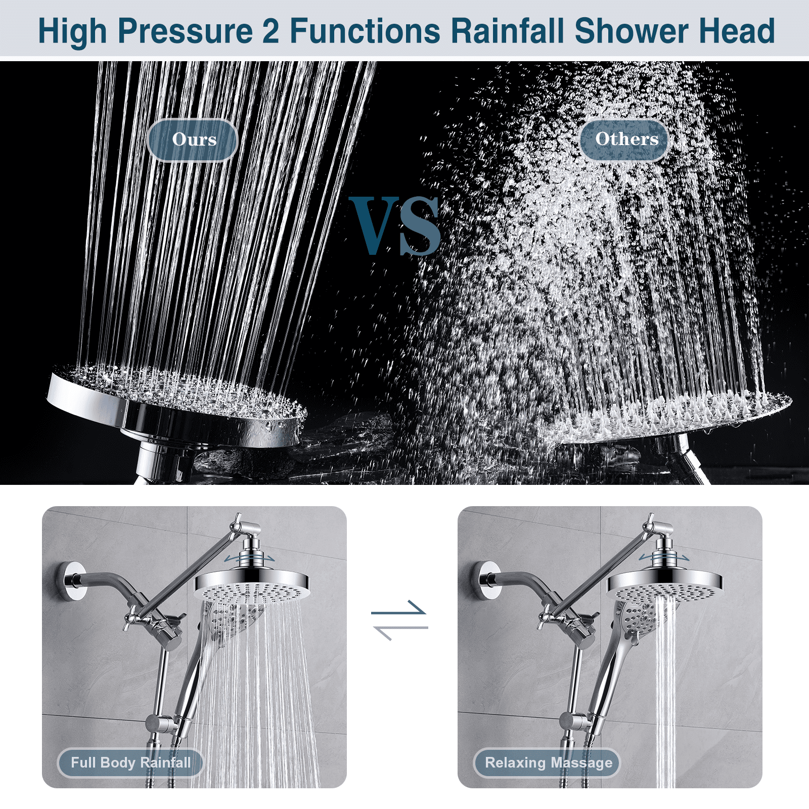 BRIGHT SHOWERS Rain Shower Head with Handheld Spray Built-in Power Wash, High Pressure Dual Shower Head with Height Adjustable Extension Arm, 3-Way Diverter, 9 Settings Handheld, 69" Hose, Chrome