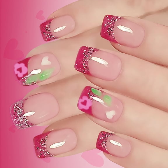 Zeiwohndc 24pcs Pink Sparkles Love Theme Artificial Nail French Manicure for Parties