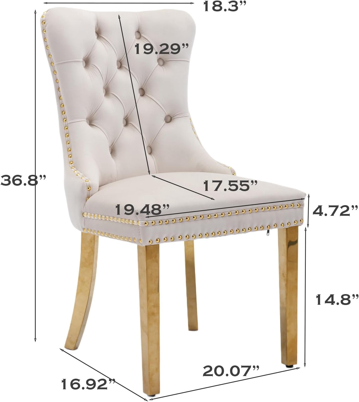 JESTOP Velvet Dining Chair Set of 4, Upholstered Tufted Dining Room Chair with Nailhead Trim, Solid Gold Plated Leg for Kitchen (Beige)