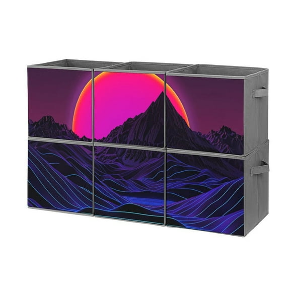 Collapsible Oxford Fabric Storage Cubes with Handles, Large Mid Foldable Oxford Cloth Bins Set of 2/6, Closet Organizers for Shelves Clothes Home Kitchen Toy - Cyber Neon Mountains