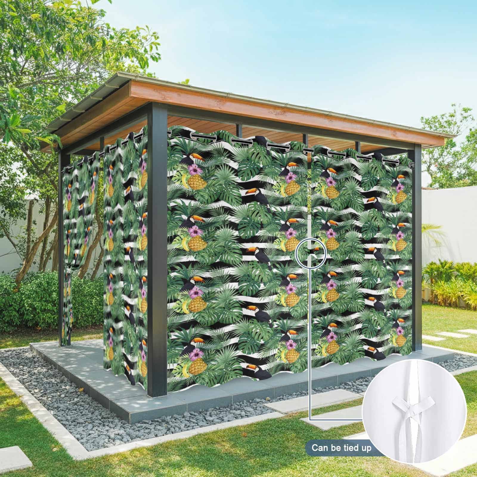 Summer Black Bird Outdoor Curtains for Patio, Pineapple Green Leaf Tropical Plant Pink Flower Striped Sunshade Privacy Drapes Grommet Waterproof Outside Curtains for Porch Balcony 54"x108", 1 Panel
