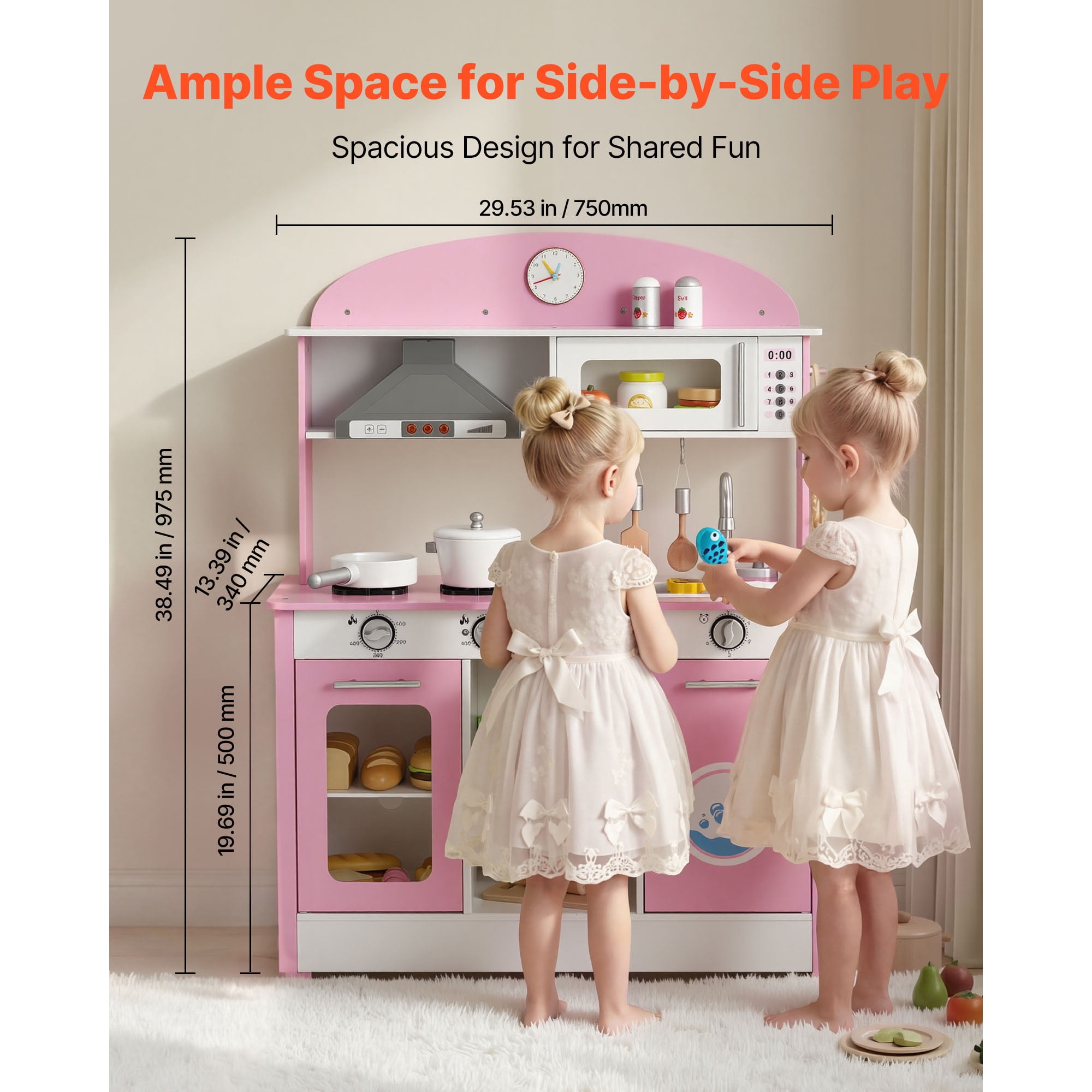 KFFKFF Wooden Play Kitchen for Kids, Pretend Play Set with Lights & Sounds, Includes Food & Cookware Accessories, Range Hood, Microwave, for Toddlers Ages 3-8, Pink