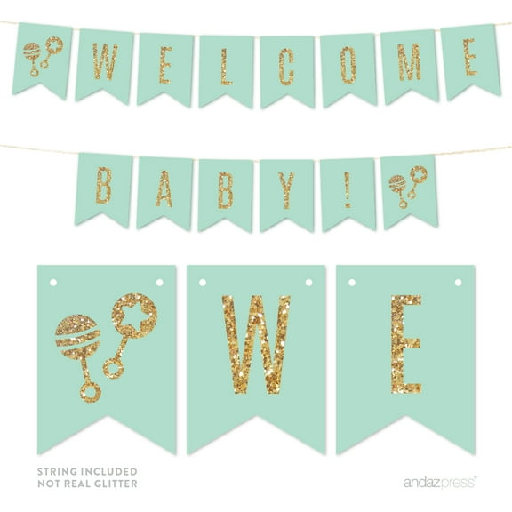 Gold Glitter Welcome Baby! Hanging Pennant Party Banner