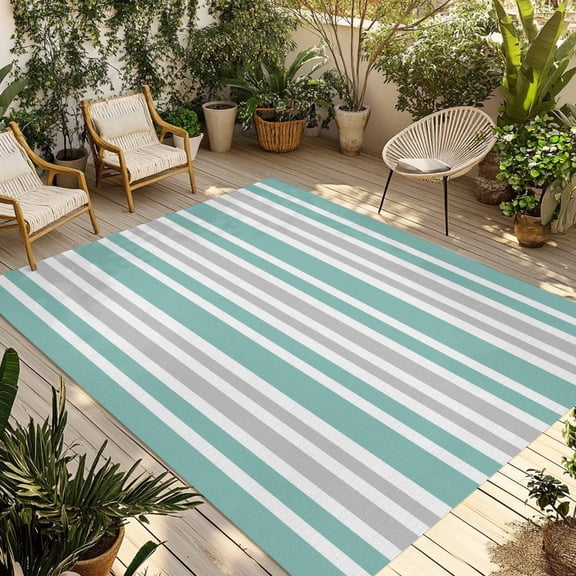 Stripes Outdoor Area Rug 3x5ft Decorative Indoor Outdoor Rug Green Grey Patio Area Rug for Porch, Deck, Balcony, Entryway, Camping & RV